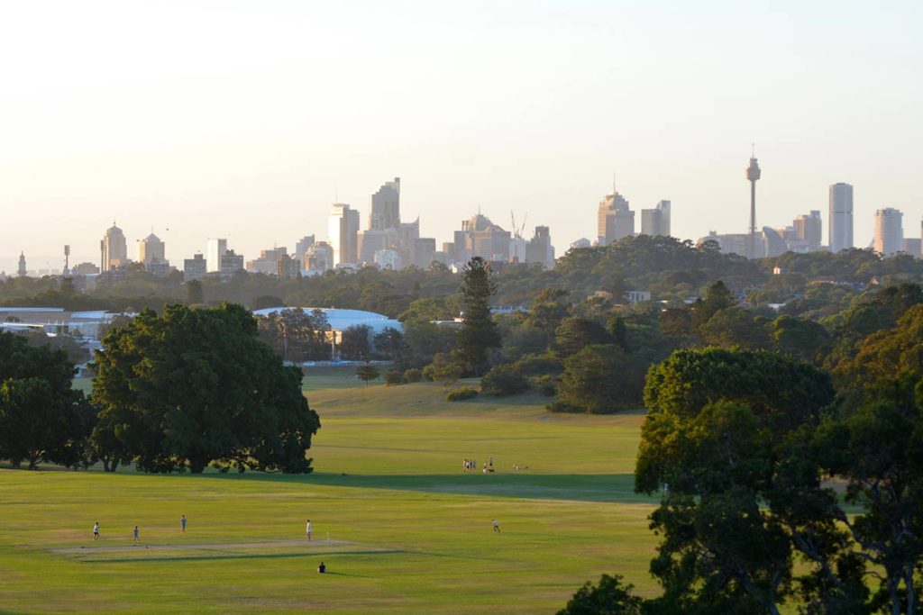 Centennial Park landscape with trees and distant city skyline.