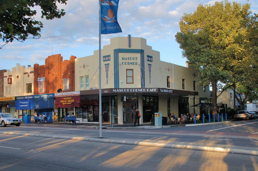 Urban environment in Mascot featuring modern developments and wide streets.