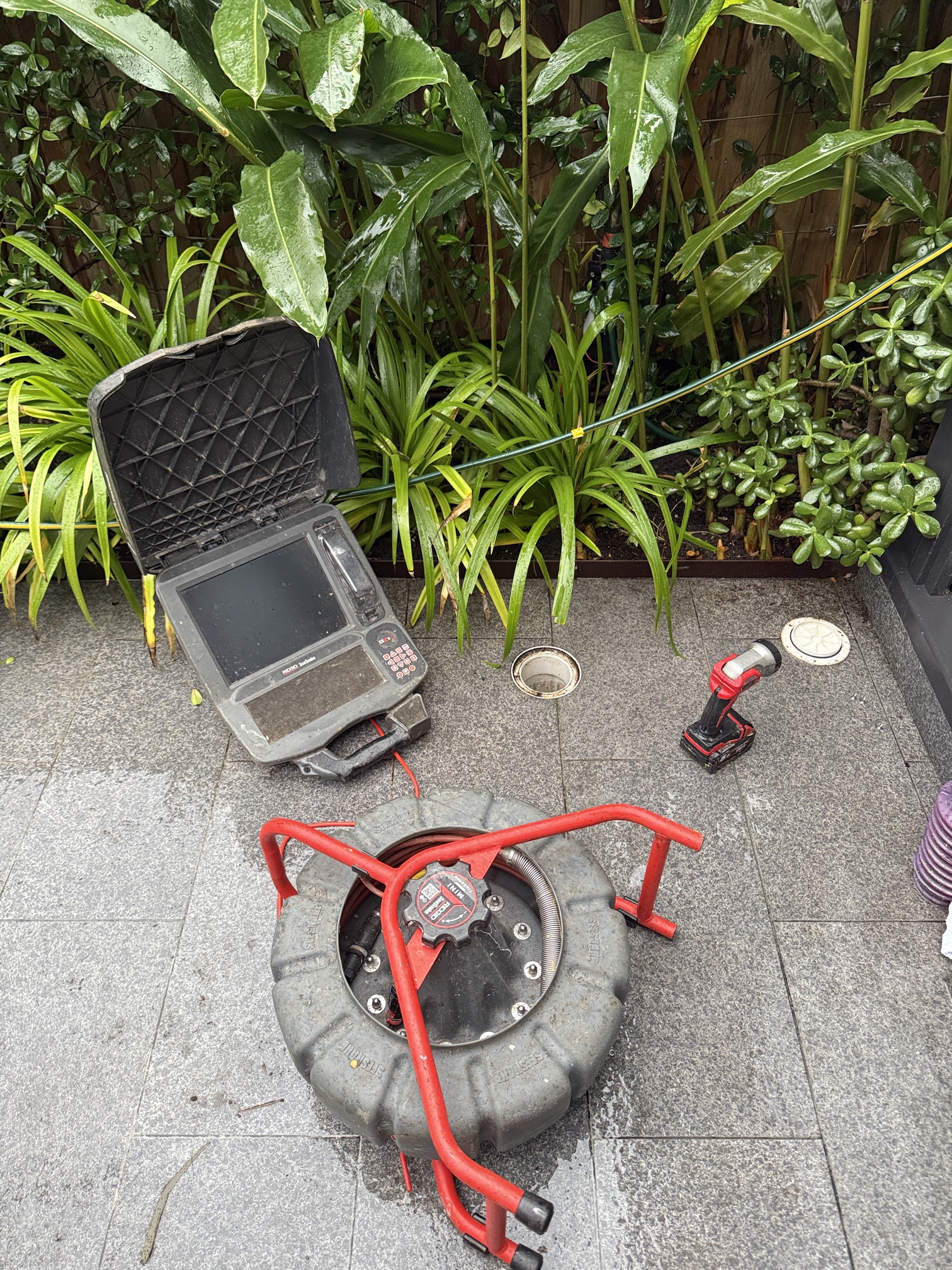 Plumbing equipment inserted into a sewer pipe for cleaning or CCTV inspection.