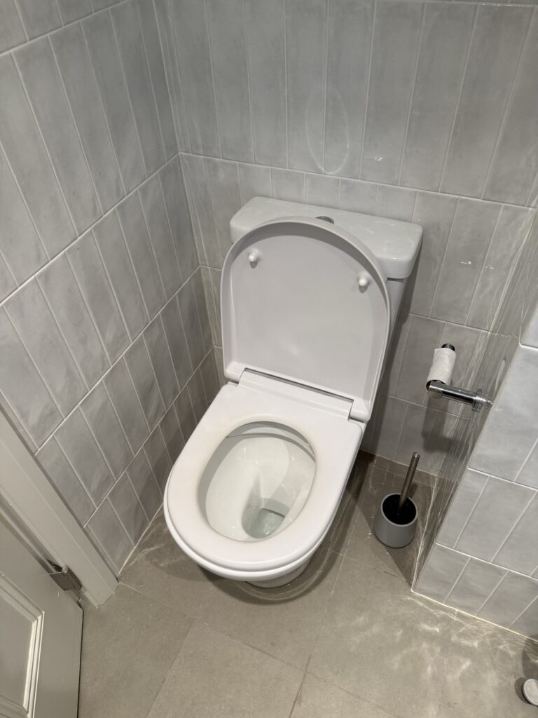 Toilet connected to a residential sewer line, showing signs of a potential blockage.